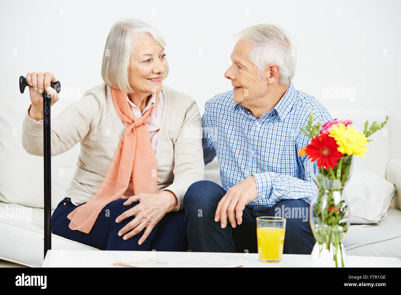 Communication between senior man and woman at home Stock Photo