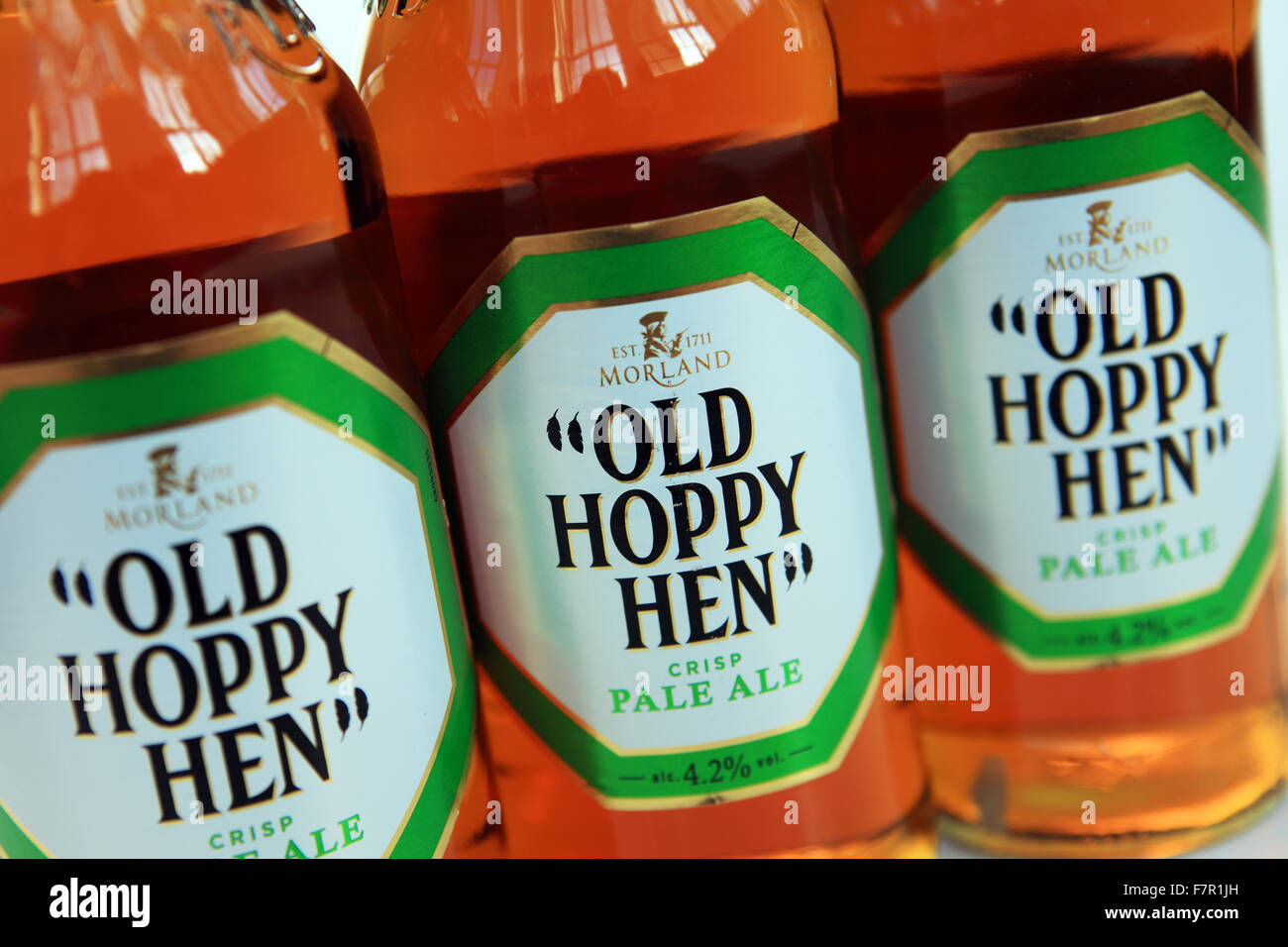 Bottles of Old Hoppy Hen Pale Ale brewed by Morland Stock Photo