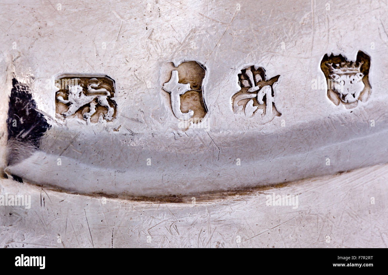 Reverse of circular second course dish, 1754, Frederick Kandler, silver at Ickworth, Suffolk. National Trust Inventory number 852121.2. Hallmarks detail. Stock Photo