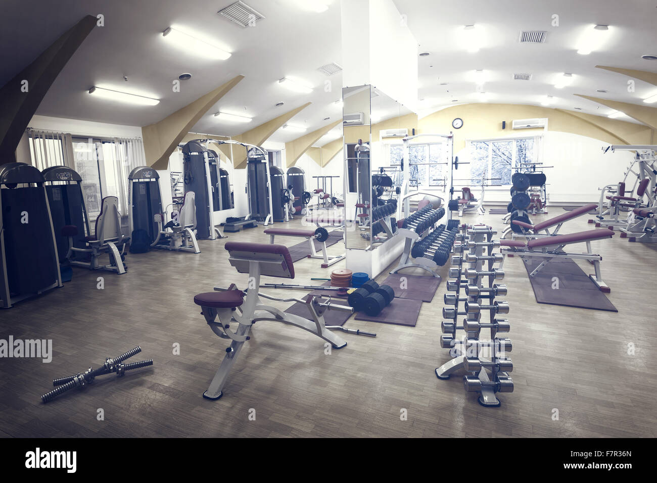 Gym with fitness equipment for training Stock Photo