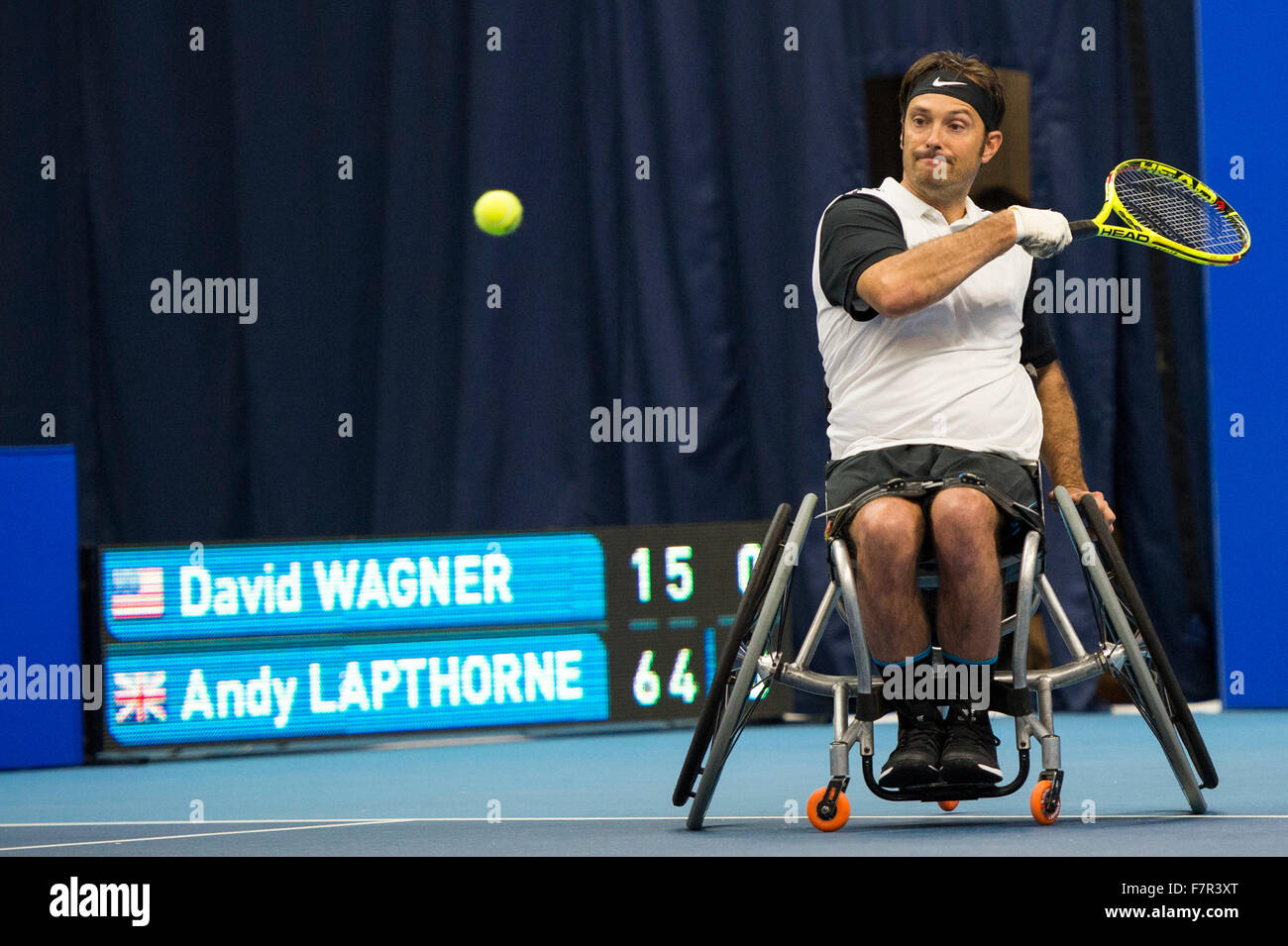 London, UK. 02nd Dec, 2015. David Wagner of The USA in action against Andy Lapthorne of Great Britain in The NEC Wheelchair Tennis Masters at the Lee Valley Tennis and Hockey Centre, Queen Elizabeth Olympic Park, London,  United Kingdom on 2 December 2015. Credit:  Brandon Griffiths/Alamy Live News Stock Photo