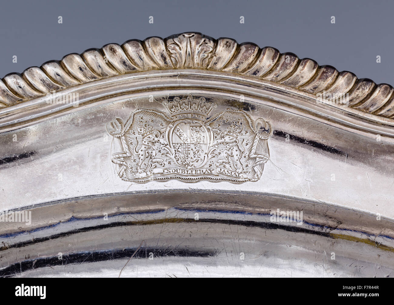 Oval meat dish, probably Frederick Kandler, c.1751, silver at Ickworth, Suffolk. Length 14 ¾ inches. Detail of engraved arms of the 2nd Earl of Bristol. National Trust Inventory number 852095.8. Stock Photo