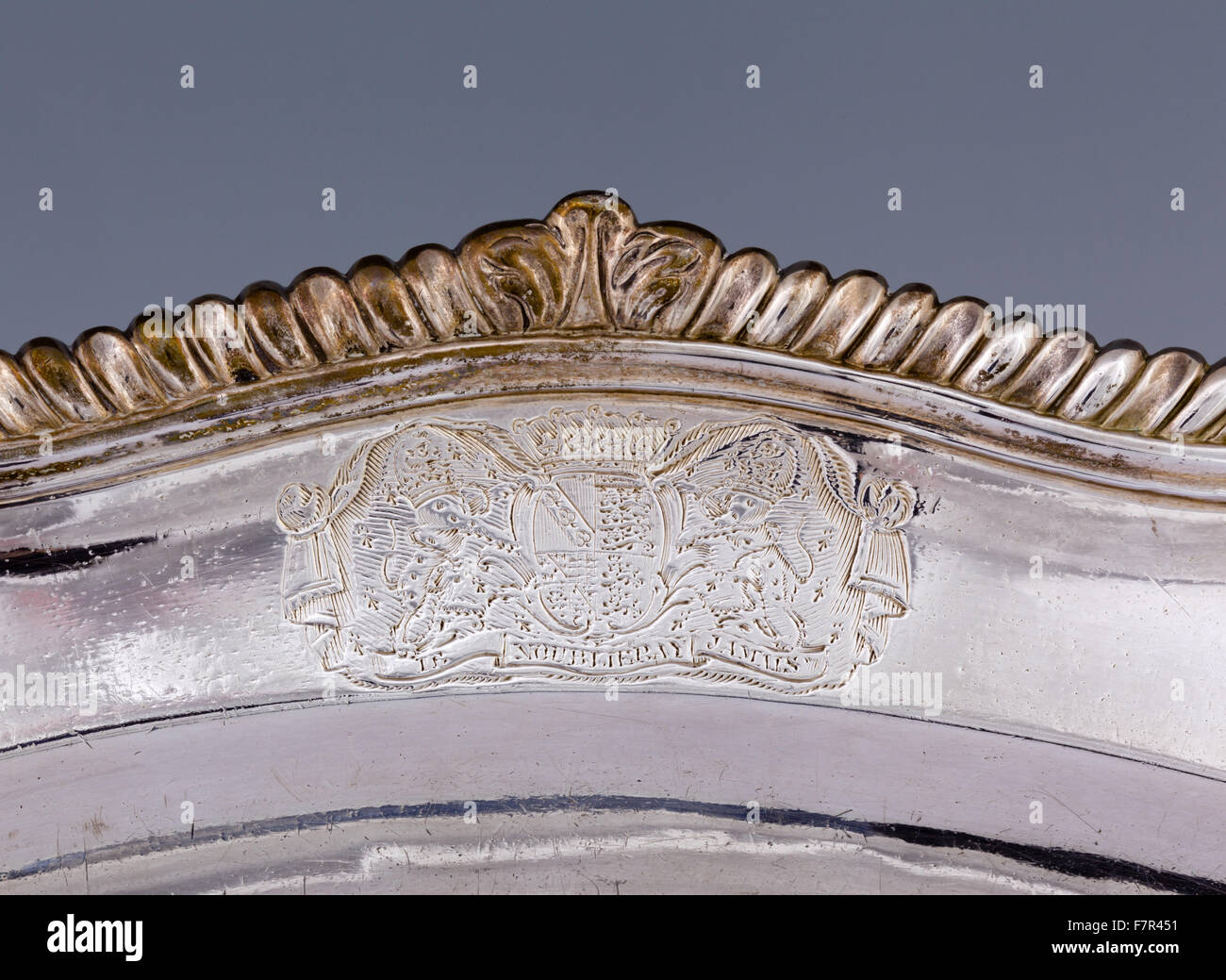 Oval meat dish, probably Frederick Kandler, c. 1751, silver at Ickworth, Suffolk. Length 14 ¾ inches. Detail of engraved arms of the 2nd Earl of Bristol. National Trust Images 852096.1. Stock Photo