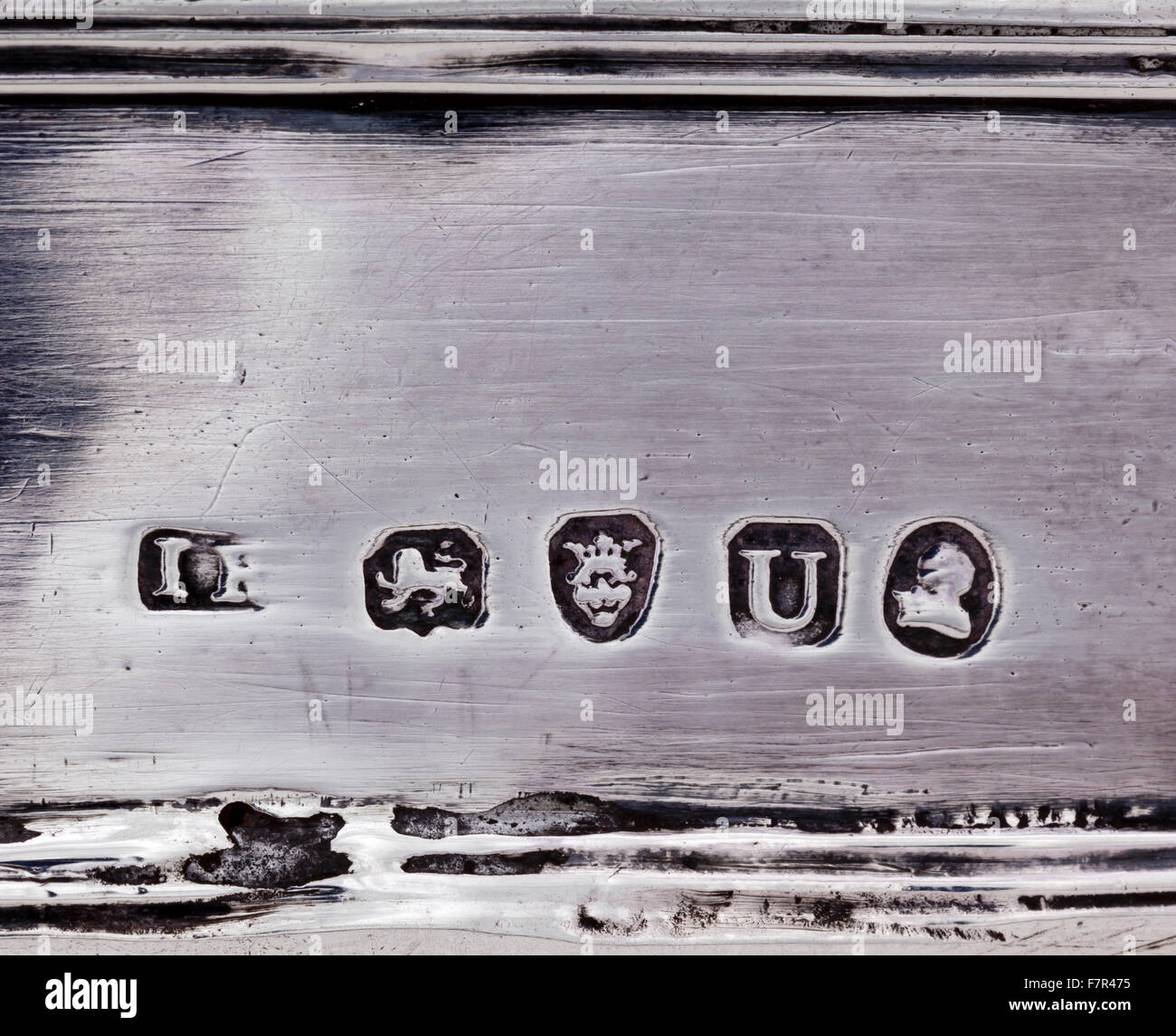 Travelling inkstand, 1815, silver at Ickworth, Suffolk. Detail of hallmarks. National Trust Inventory Number 852798. Stock Photo