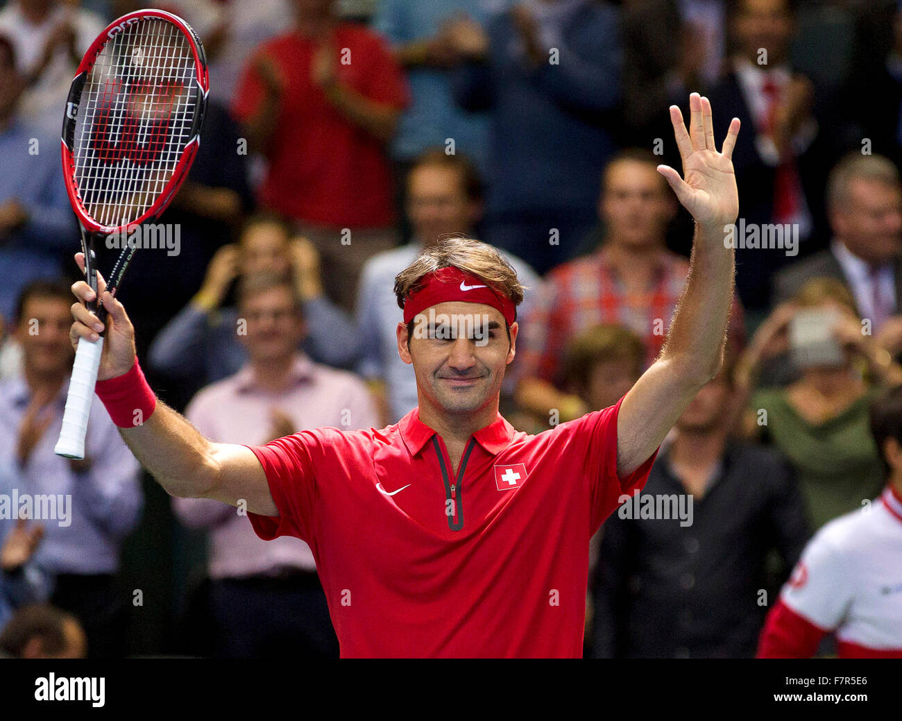 Switserland, Genève, September 18, 2015, Tennis,   Davis Cup, Switserland-Netherlands,  Swiss Roger Federer jubilates his win Stock Photo