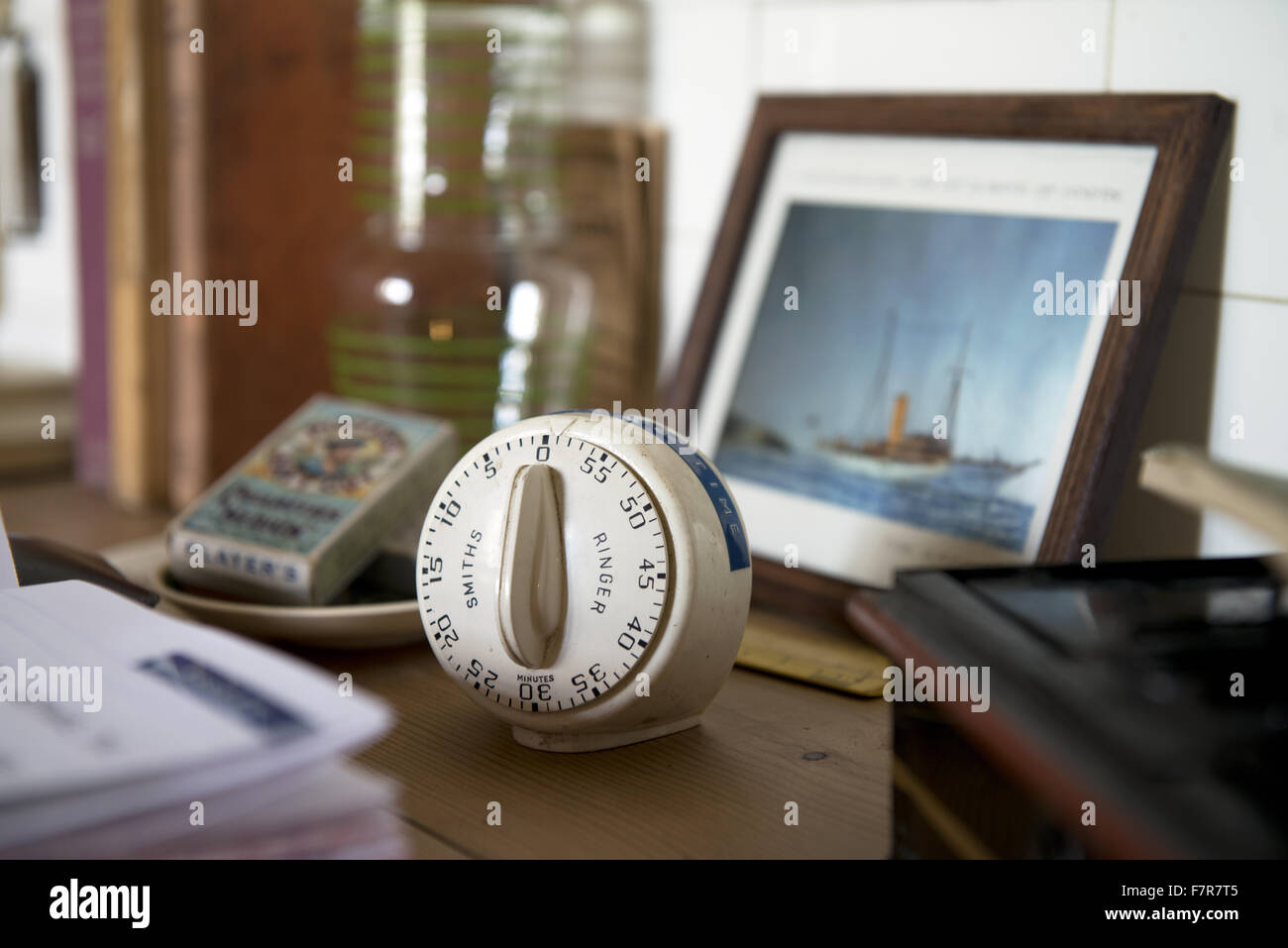 Items on a table at Anglesey Abbey, Gardens and Lode Mill, Cambridgeshire. Stock Photo
