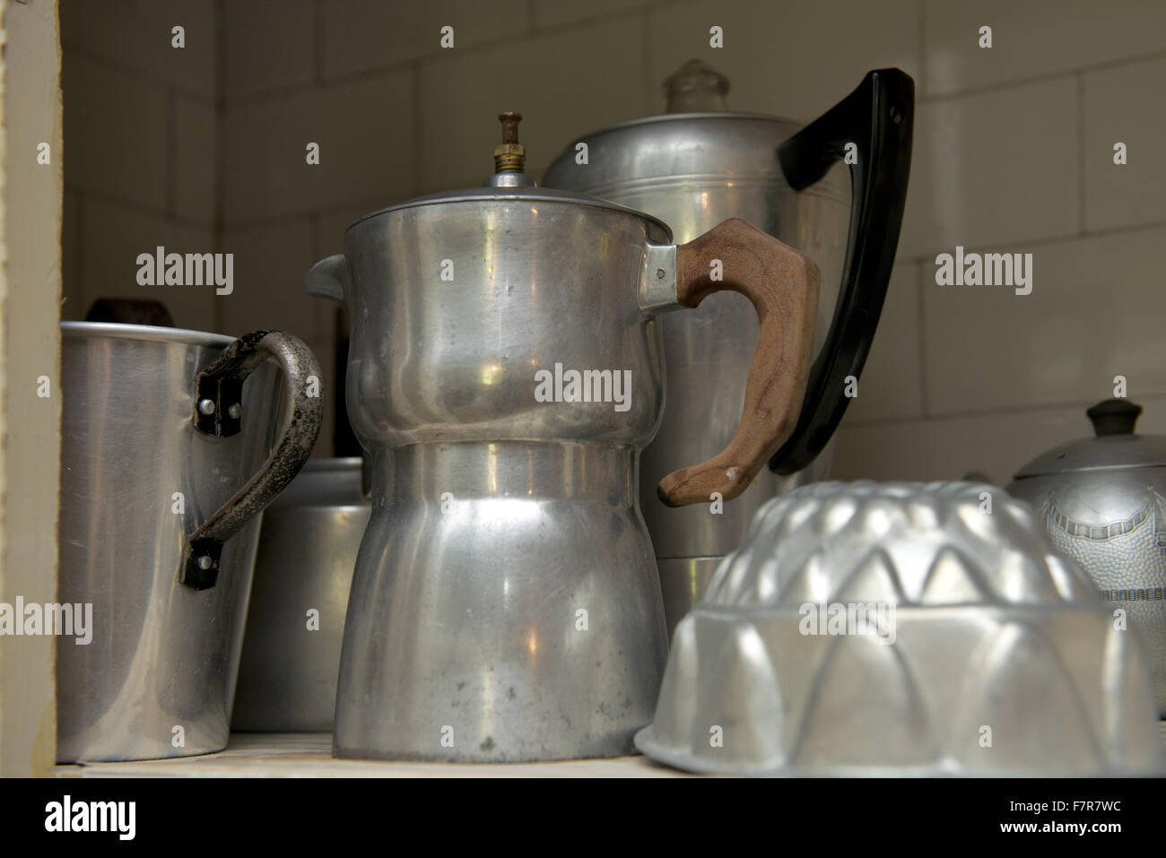 Metal kitchen items at Anglesey Abbey, Gardens and Lode Mill, Cambridgeshire. Stock Photo