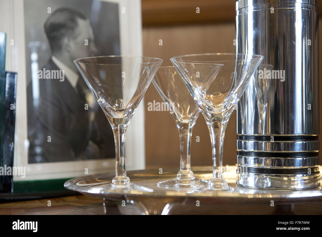 Cocktail glasses at Angelsey Abbey, Gardens and Lode Mill, Cambridgeshire. Stock Photo