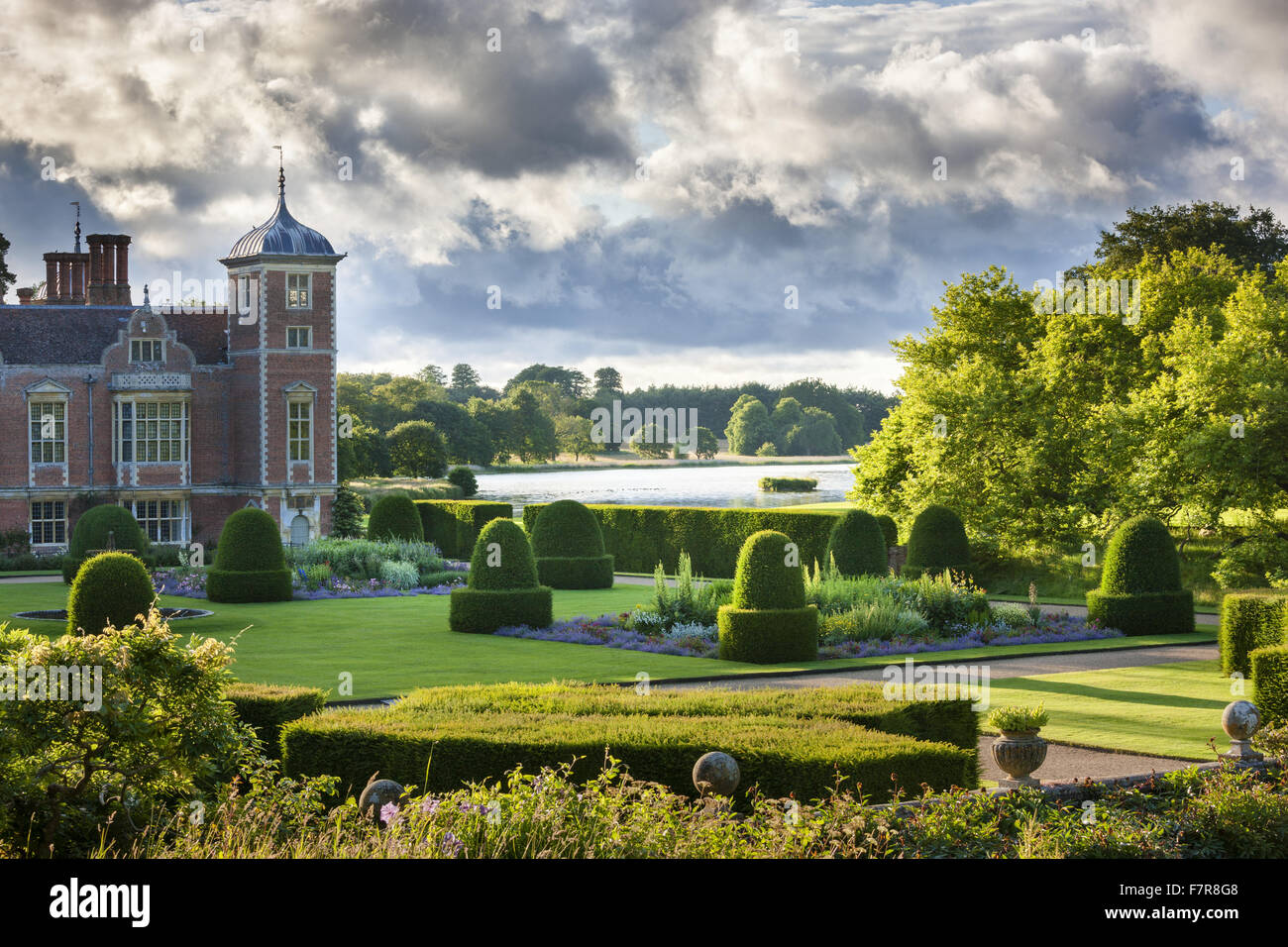 The Parterre Garden at Blickling Estate, Norfolk. Blickling is a turreted red-brick Jacobean mansion, sitting within beautiful gardens and parkland. Stock Photo