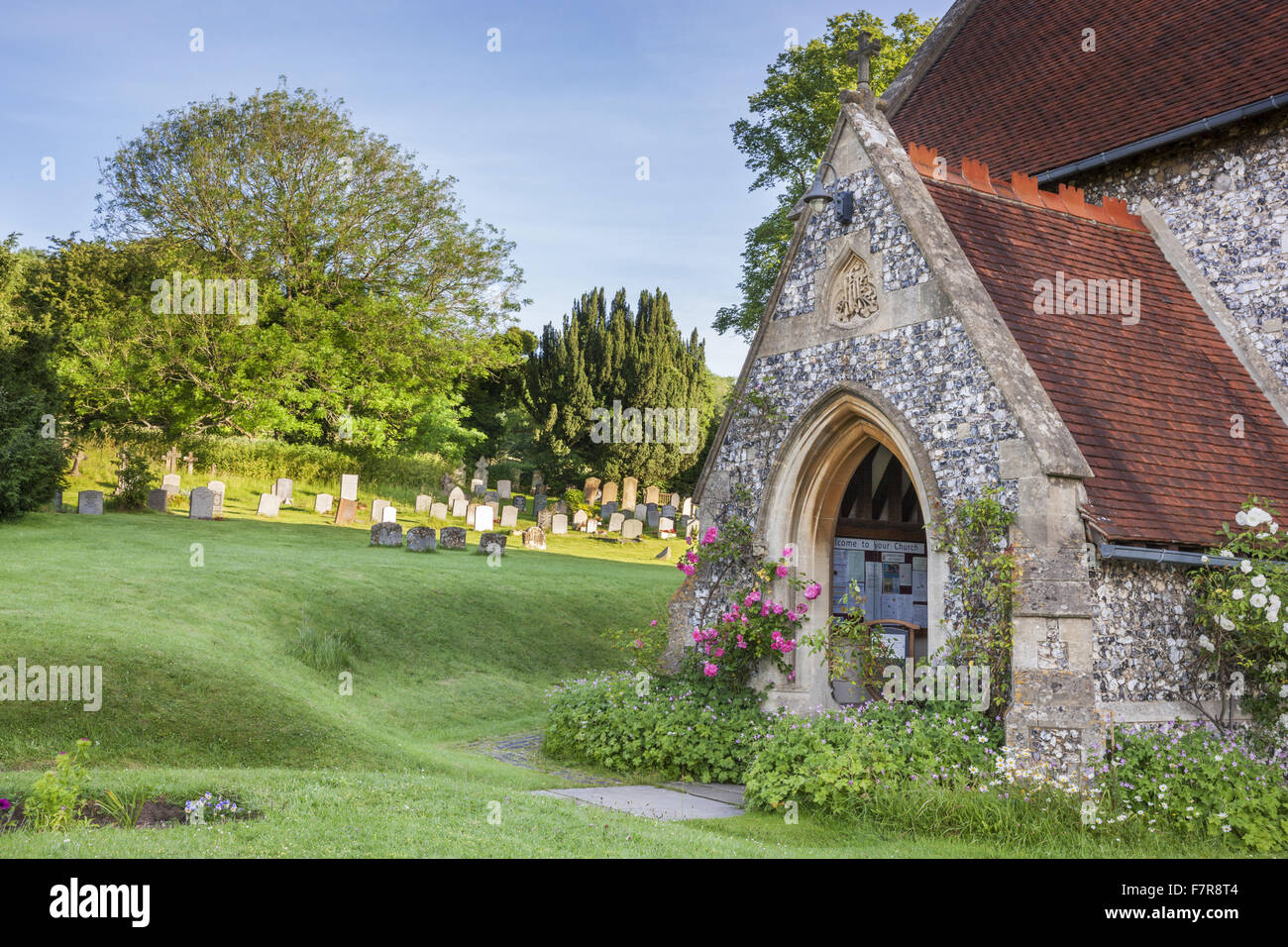 St Michael & All Angels Church, Hughenden, Buckinghamshire. Victorian Prime Minister Benjamin Disraeli is buried near the east end of the north chapel. Stock Photo