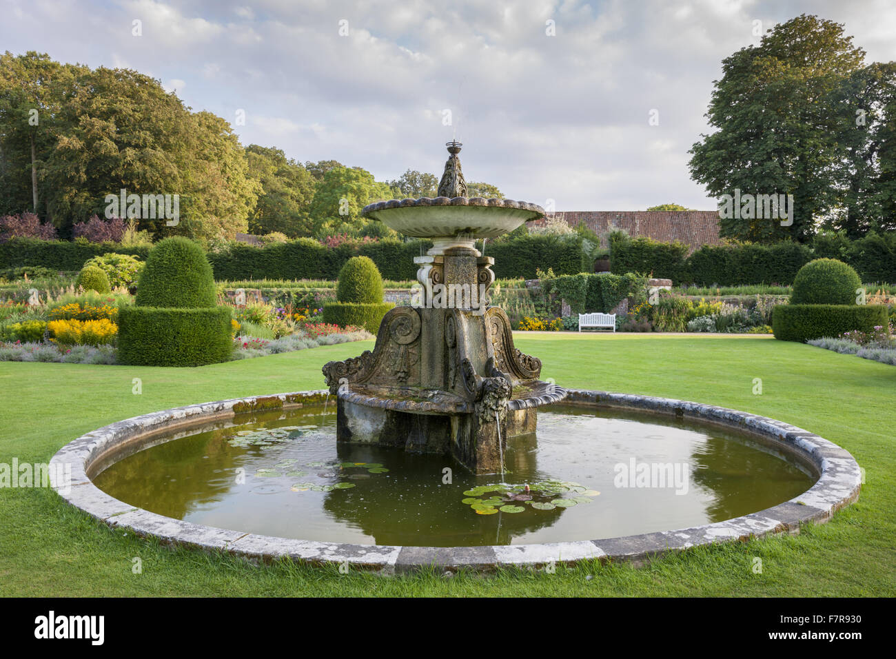 The Fountain at Blickling Estate, Norfolk. Blickling is a turreted red-brick Jacobean mansion, sitting within beautiful gardens and parkland. Stock Photo