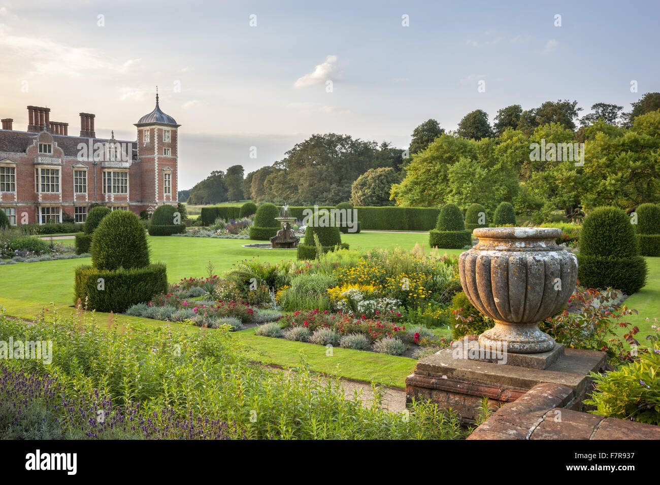 The Parterre Garden at Blickling Estate, Norfolk. Blickling is a turreted red-brick Jacobean mansion, sitting within beautiful gardens and parkland. Stock Photo
