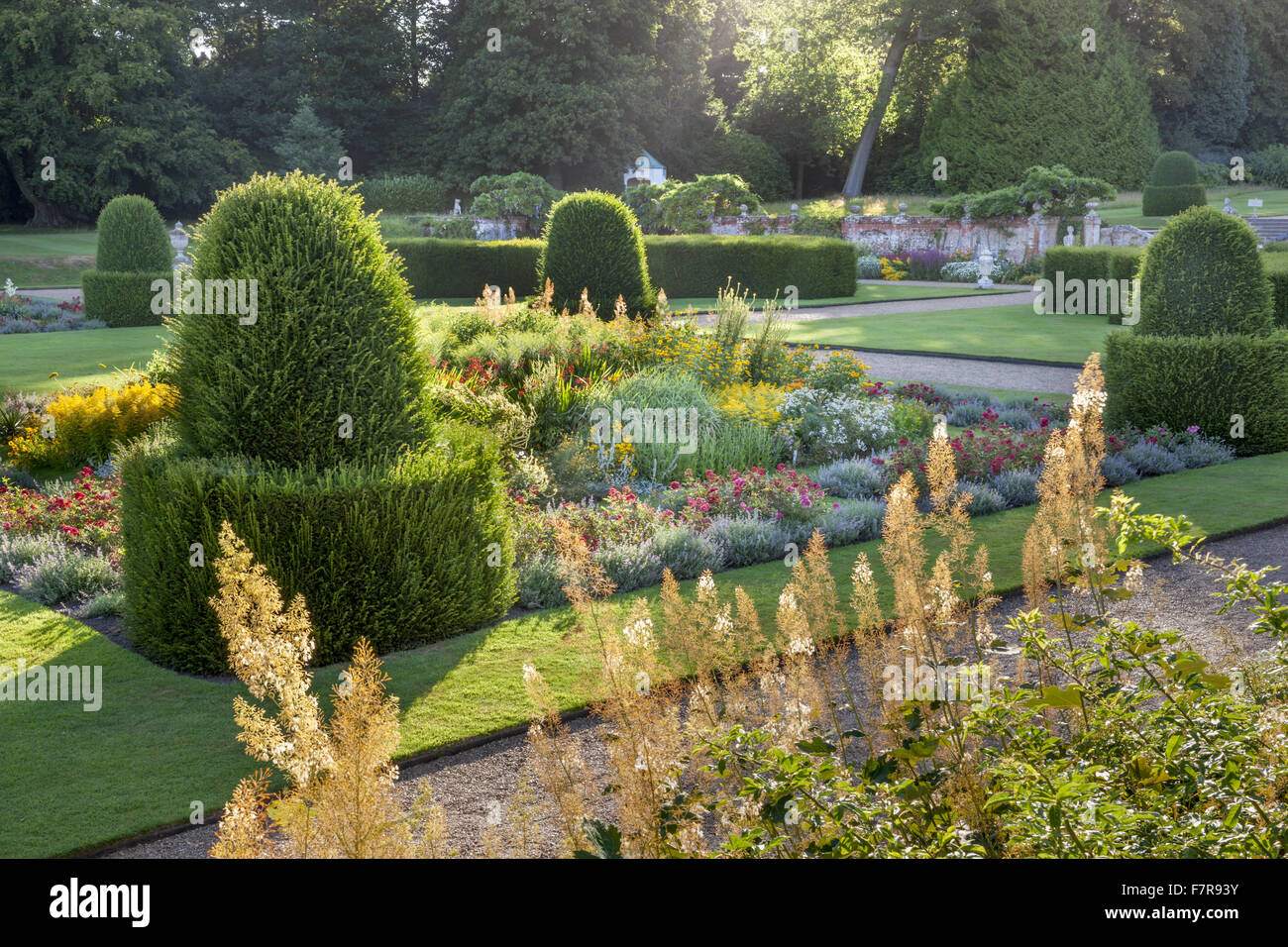 The Parterre Garden at Blickling Estate, Norfolk. Blickling is a turreted red-brick Jacobean mansion, sitting within beautiful gardens and parkland. Stock Photo