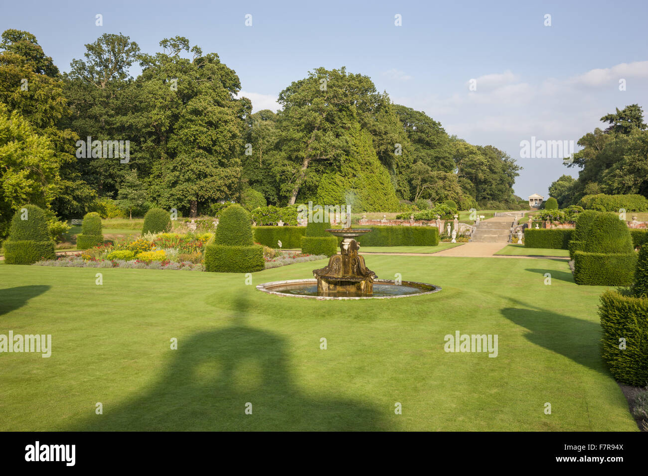 The Parterre Garden at Blickling Estate, Norfolk. Blickling is a turreted red-brick Jacobean mansion, sitting within beautiful gardens and parkland. Stock Photo