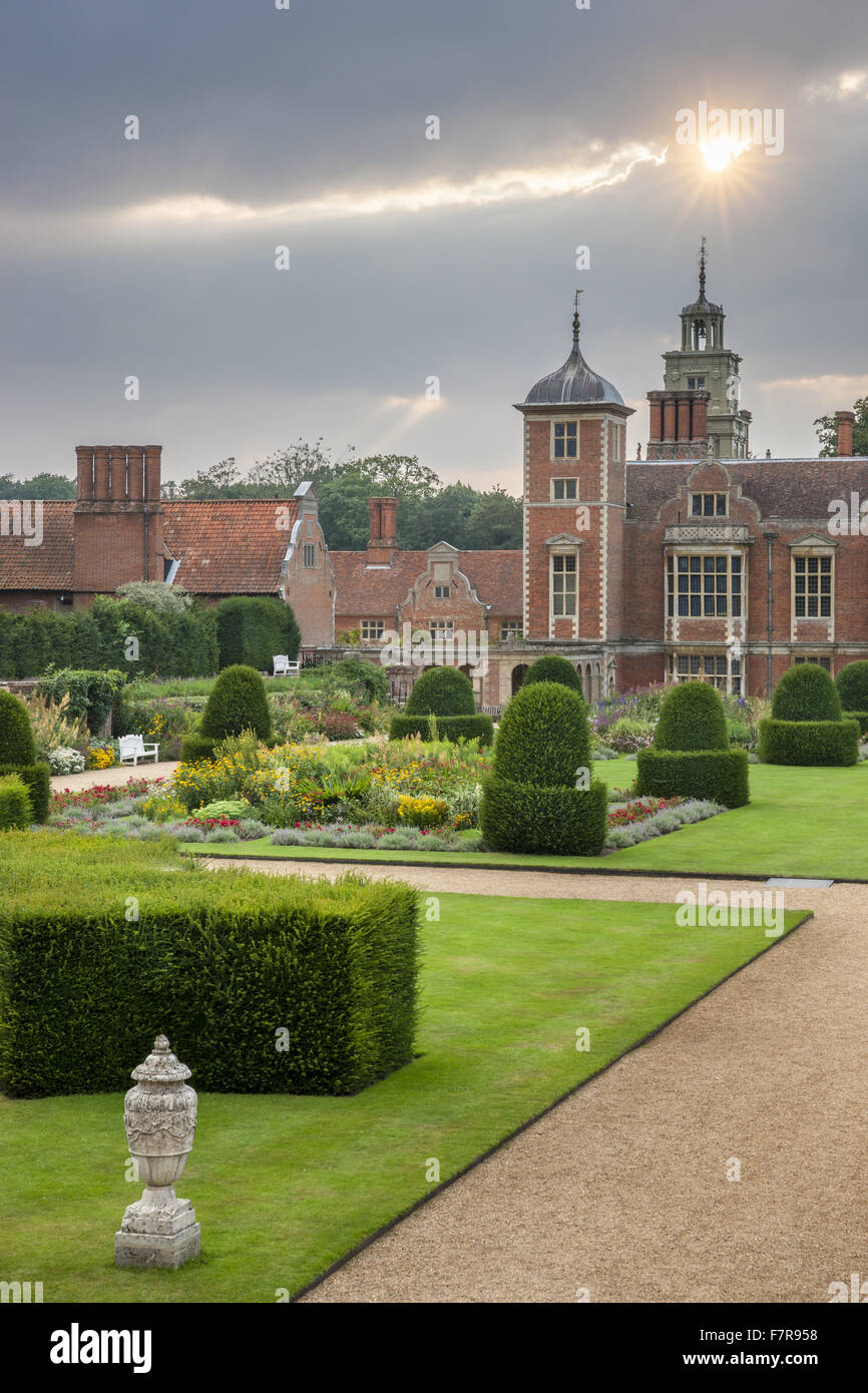 The Parterre Garden at Blickling Estate, Norfolk. Blickling is a turreted red-brick Jacobean mansion, sitting within beautiful gardens and parkland. Stock Photo