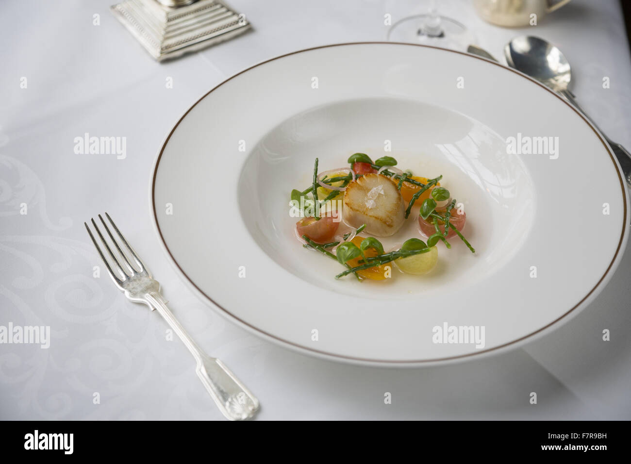 Food in the restaurant at Middlethorpe Hall Hotel, Restaurant and Spa, North Yorkshire. Middlethorpe is a William and Mary house, built in 1699, set in manicured gardens and parkland. Stock Photo