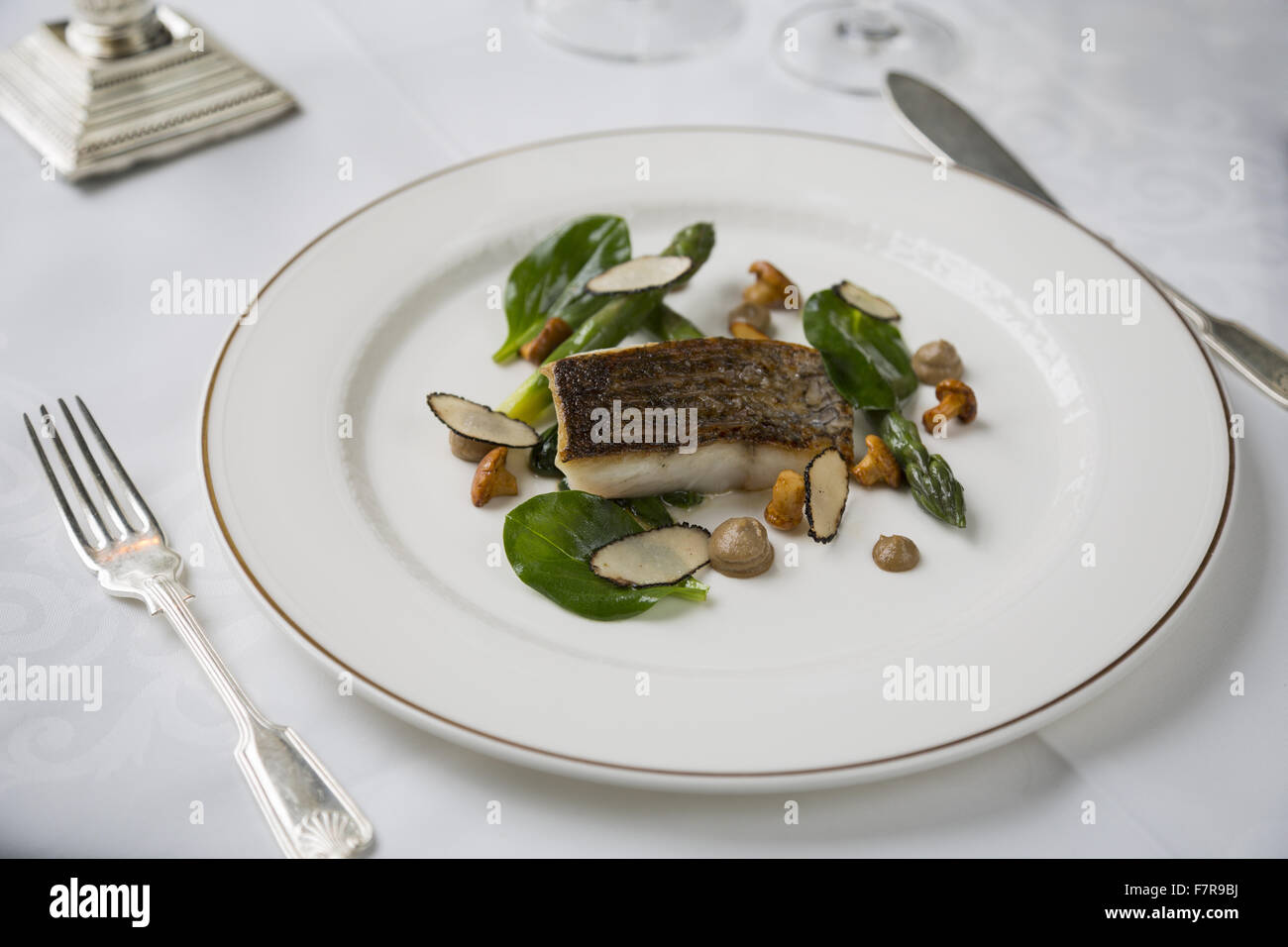 Food in the restaurant at Middlethorpe Hall Hotel, Restaurant and Spa, North Yorkshire. Middlethorpe is a William and Mary house, built in 1699, set in manicured gardens and parkland. Stock Photo