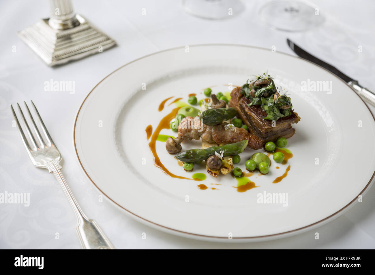 Food in the restaurant at Middlethorpe Hall Hotel, Restaurant and Spa, North Yorkshire. Middlethorpe is a William and Mary house, built in 1699, set in manicured gardens and parkland. Stock Photo