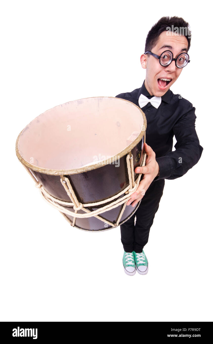 Funny man with drum on white Stock Photo Alamy