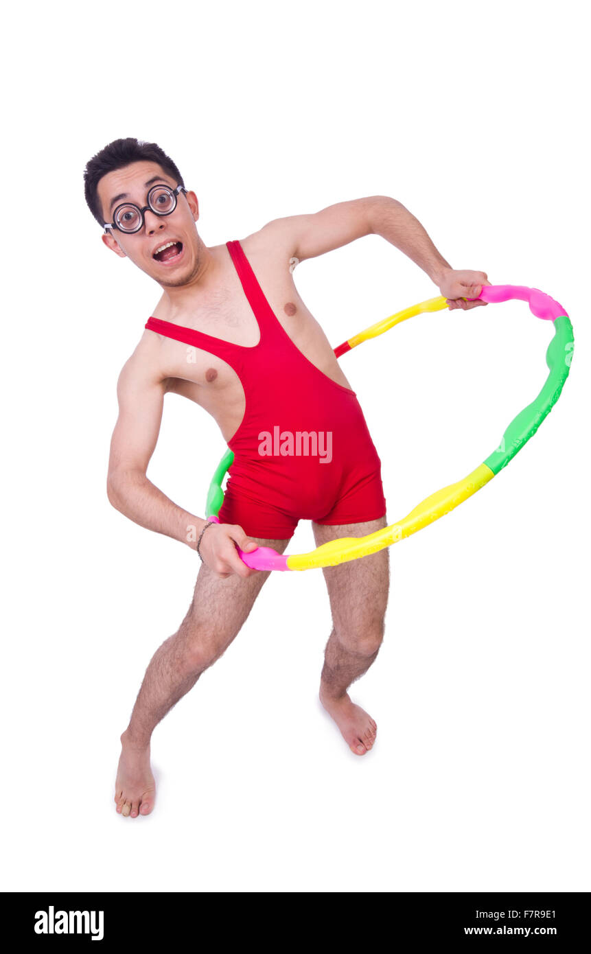 Funny sportsman with hula hoop on white Stock Photo - Alamy