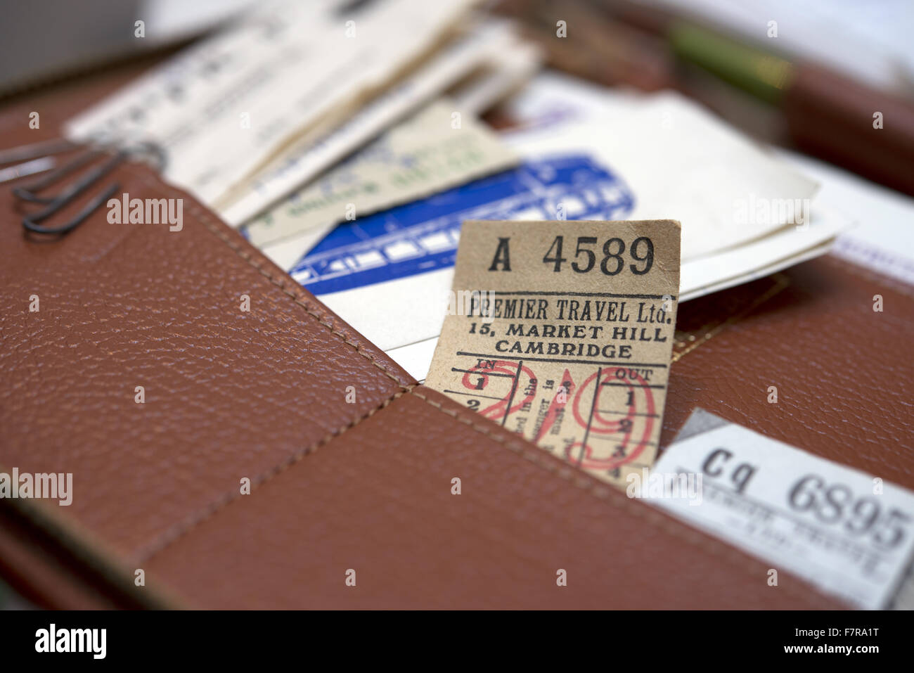 Travel tickets and other ephemera at Anglesey Abbey, Gardens and Lode Mill, Cambridgeshire. Stock Photo