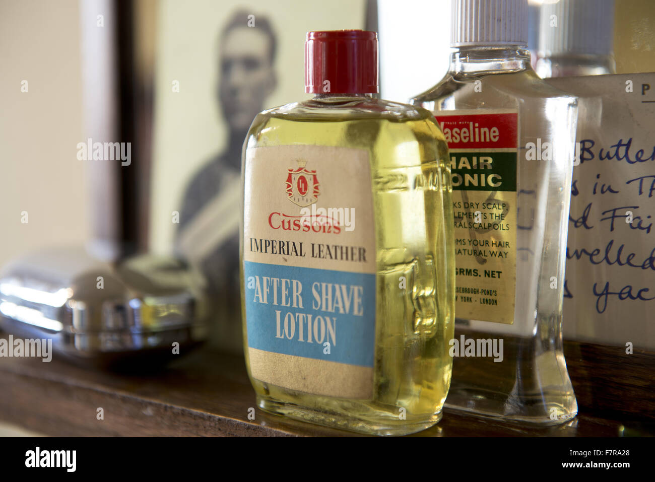 Close-up of toiletries inside Anglesey Abbey, Gardens and Lode Mill, Cambridgeshire. Stock Photo