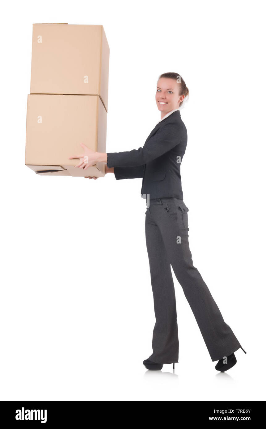 Woman businesswoman with boxes on white Stock Photo - Alamy