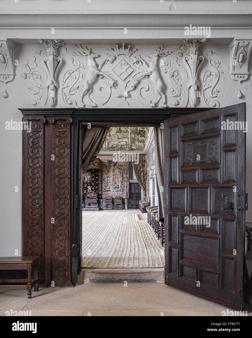 View from the landing through the door into the High Great Chamber at Hardwick Hall, Derbyshire. Hardwick Hall was built in the late 16th century for Bess of Hardwick. Stock Photo