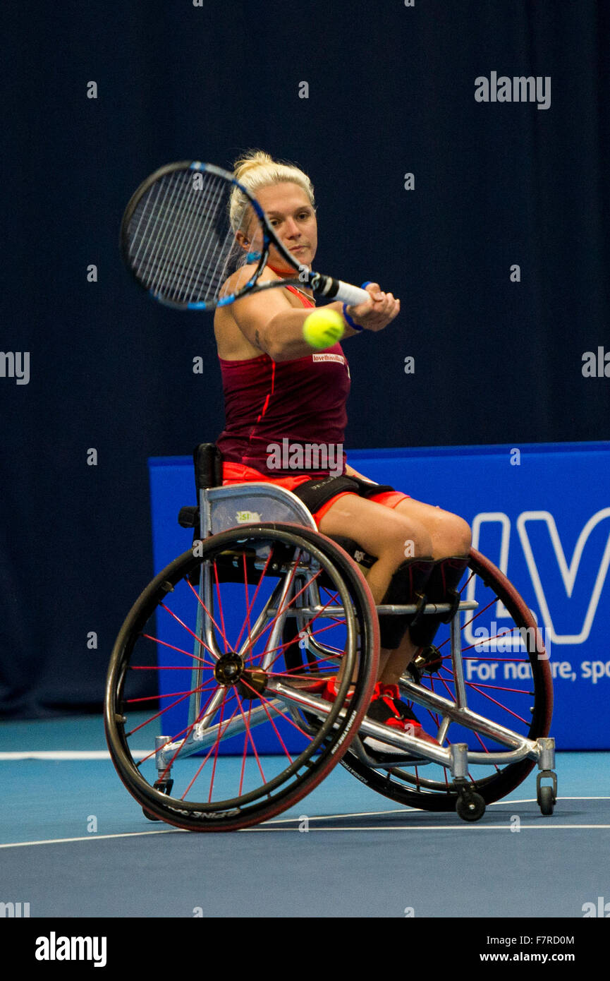 London, UK. 02nd Dec, 2015. Jordanne Whiley of Great Britain in action  against Lucy Shuker of Great Britain at The NEC Wheelchair Tennis Masters  at the Lee Valley Tennis and Hockey Centre,