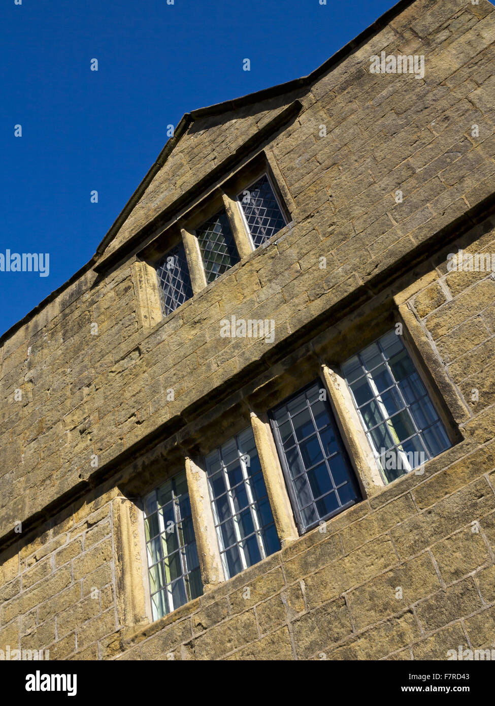 Detail of windows at Eyam Hall, Derbyshire. Stock Photo