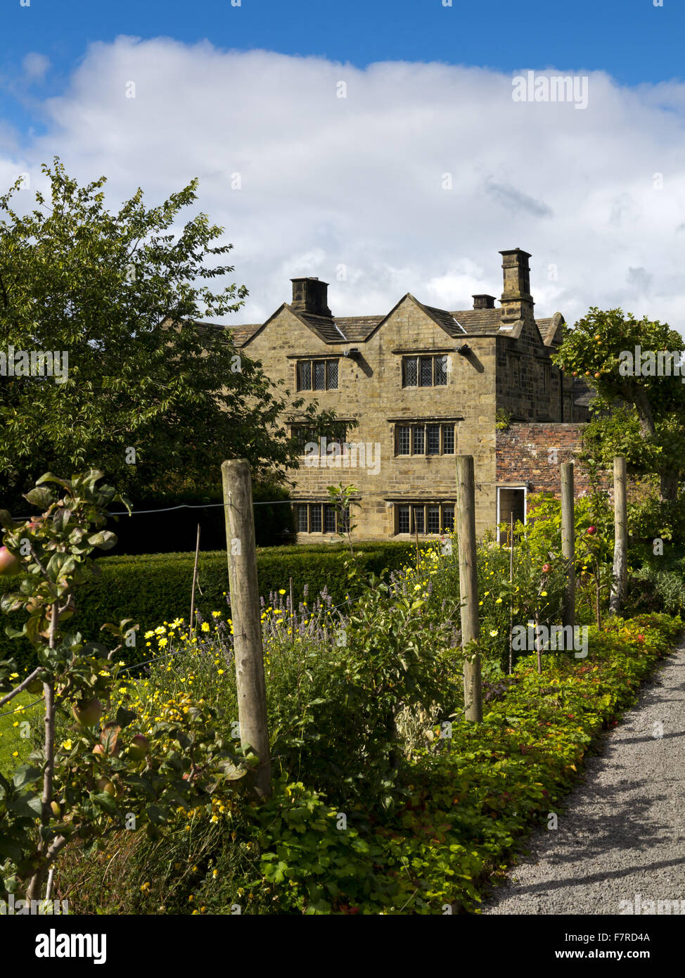 View across the garden towards Eyam Hall, Derbyshire. Stock Photo
