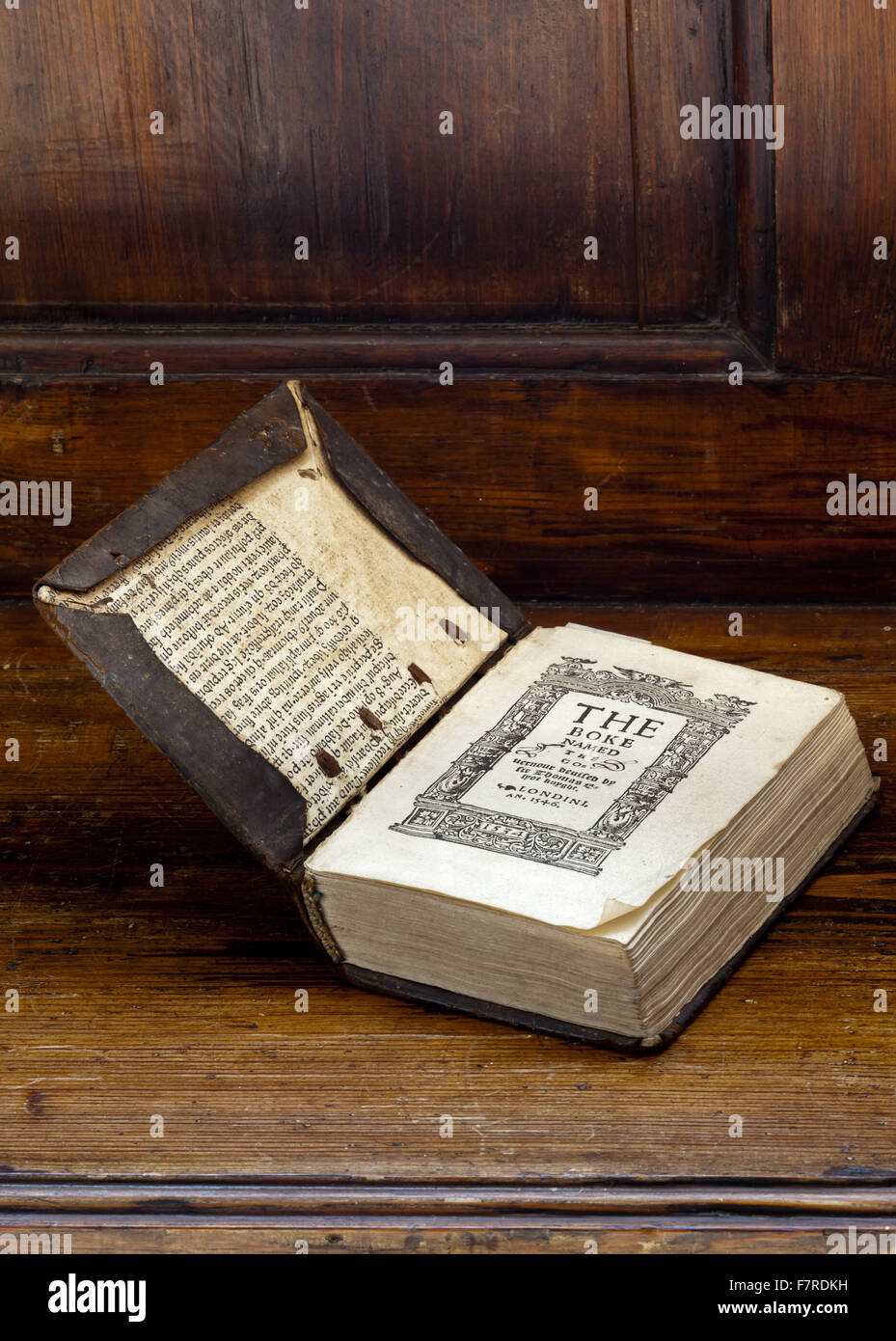 A book dated 1546, from the Library at Eyam Hall and Craft Centre, Derbyshire. Eyam Hall is an unspoilt example of a gritstone Jacobean manor house, set within a walled garden. Stock Photo