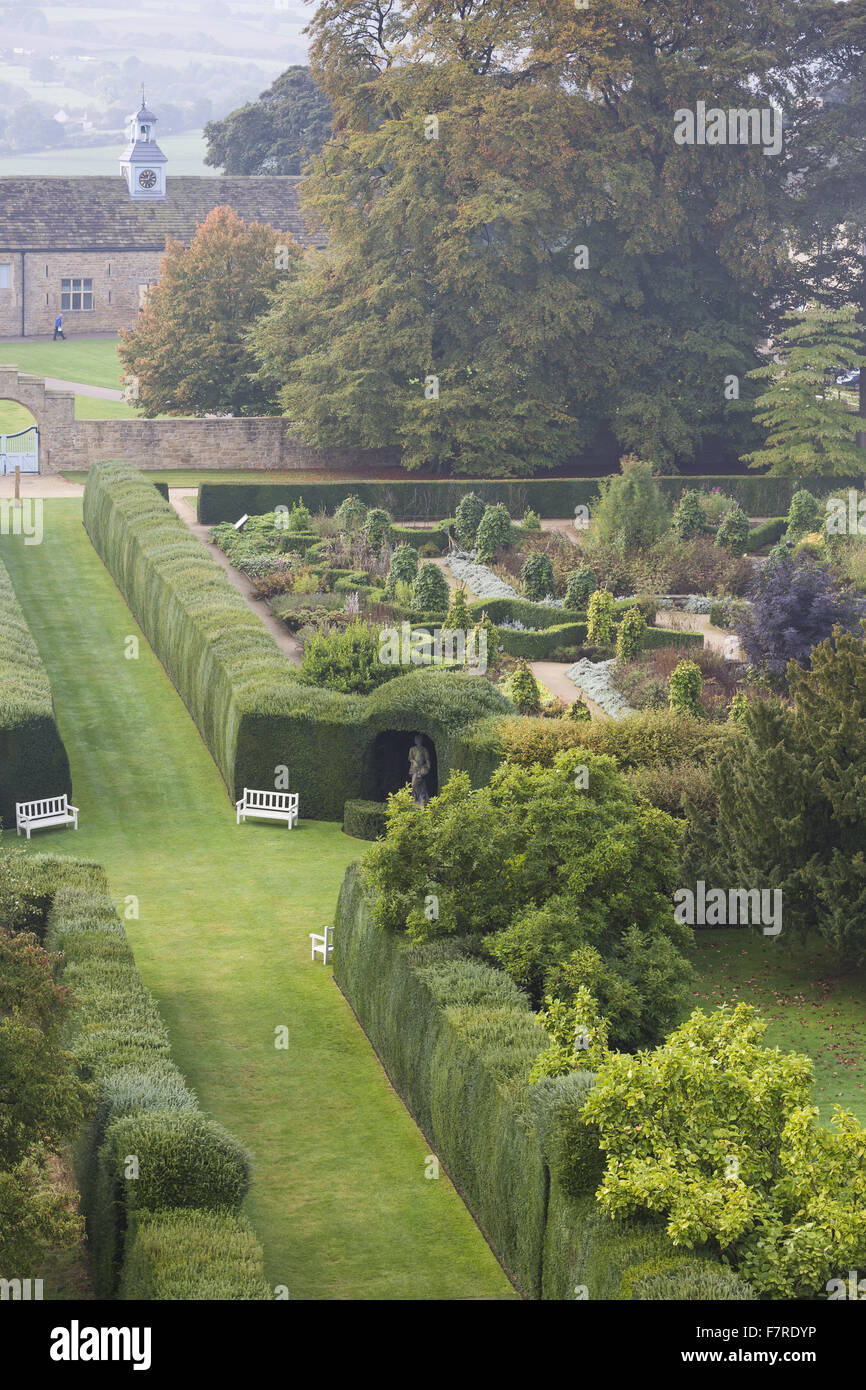 View of the Herb Garden, with the Stableyard beyond, from the rooftops