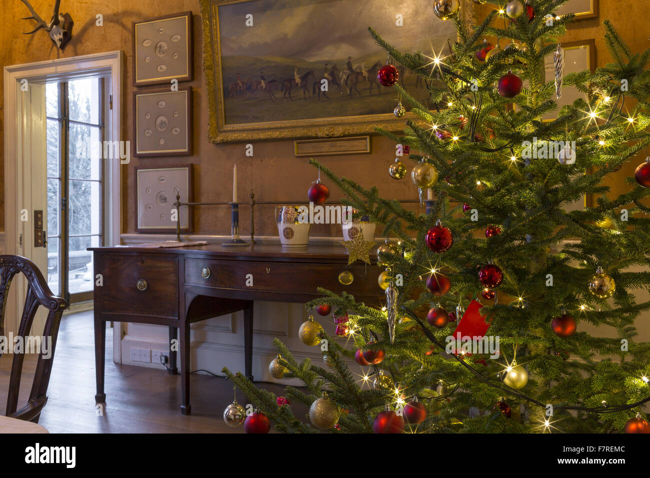 Detail of a room decorated for Christmas, at Trelissick, Cornwall. Stock Photo