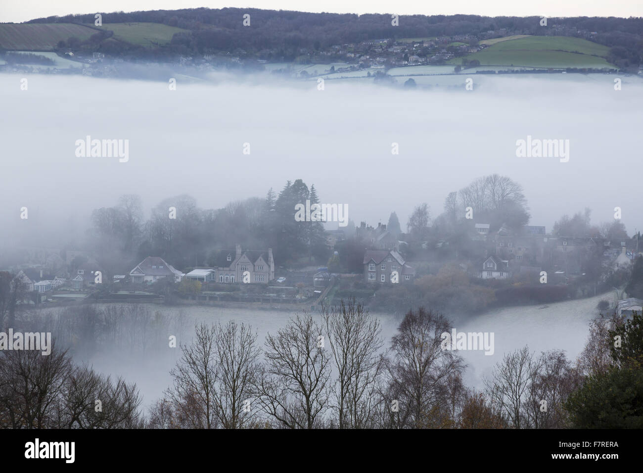 A misty day in November at Rodborough Common, Gloucestershire. Stock Photo
