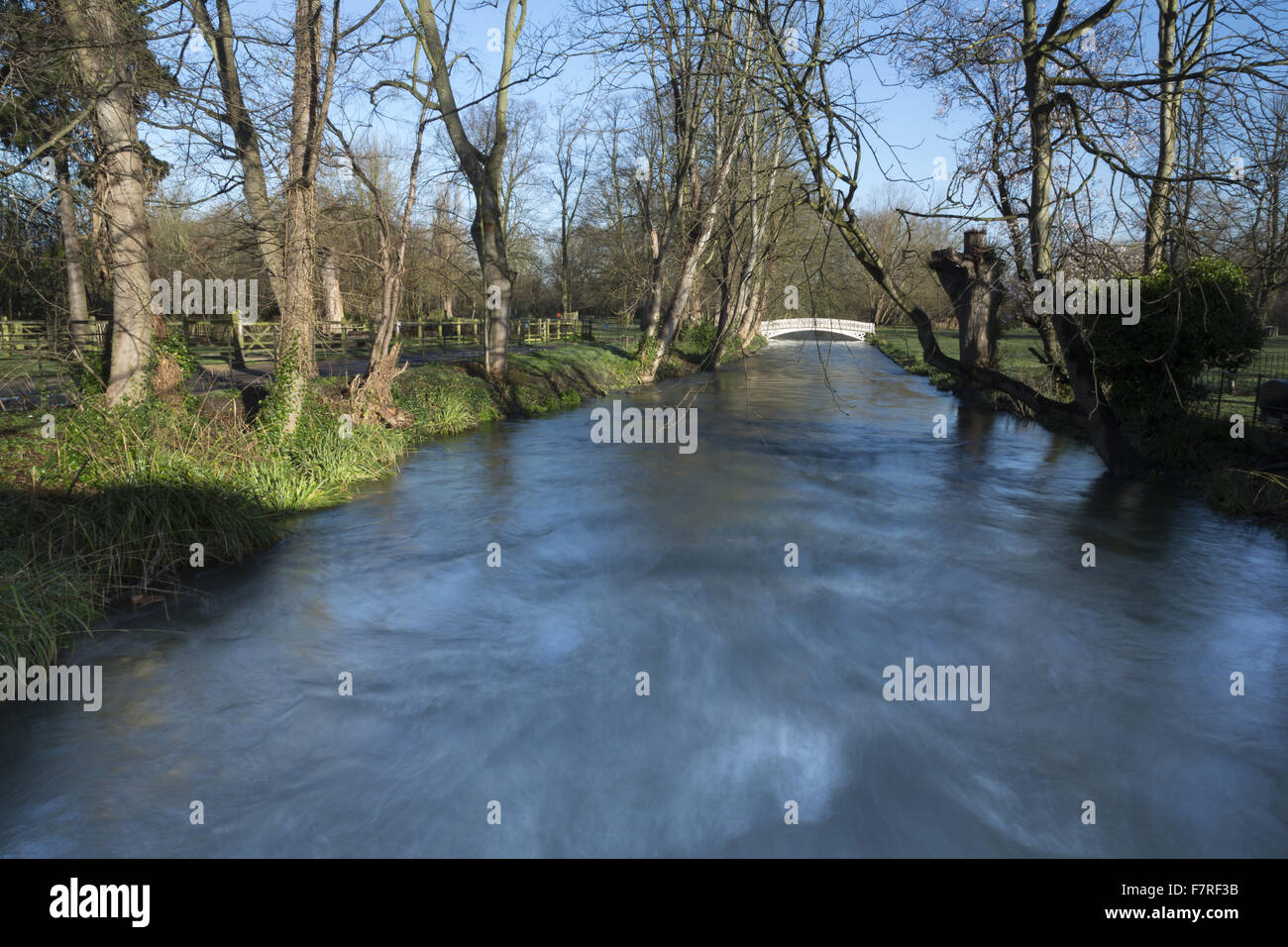 The River Wandle at Morden Hall Park, London, in the winter. Morden Hall Park is a serene oasis in the heart of suburban London. Stock Photo