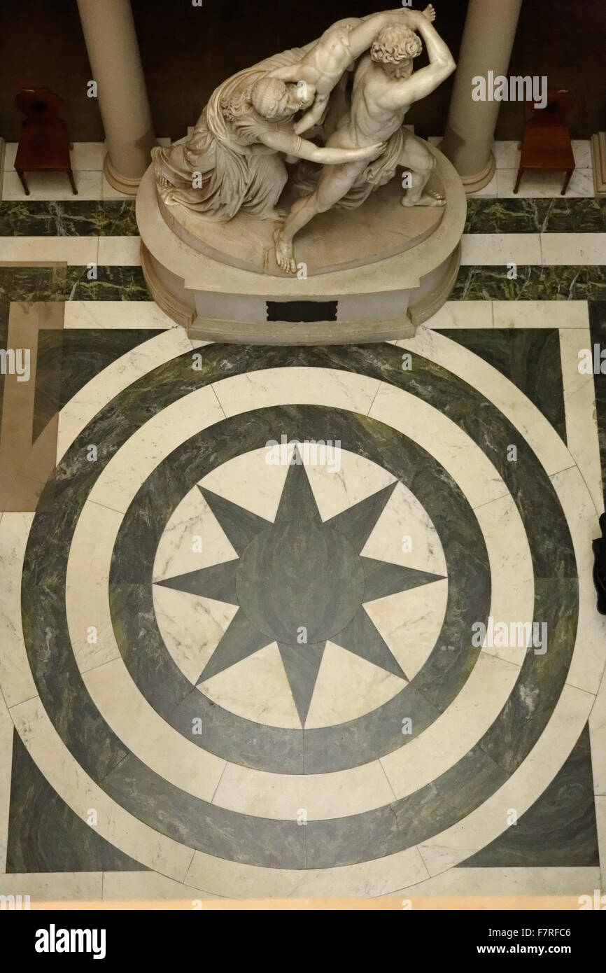 View down onto the marble floor of the Entrance Hall, Ickworth, Suffolk. Joseph Flaxman's 1790 sculture 'The Fury of Athemas' can also be seen. Stock Photo
