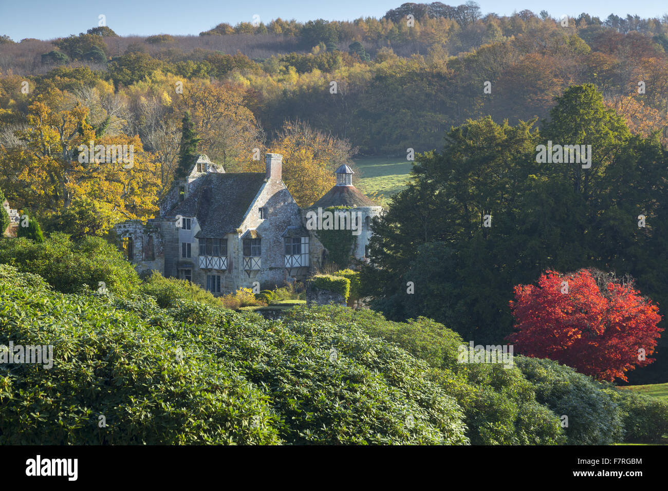 The autumn at Scotney Castle, Kent. The medieval moated Old Scotney Castle lies in a peaceful wooded valley. A Victorian mansion also sits within the estate. Stock Photo