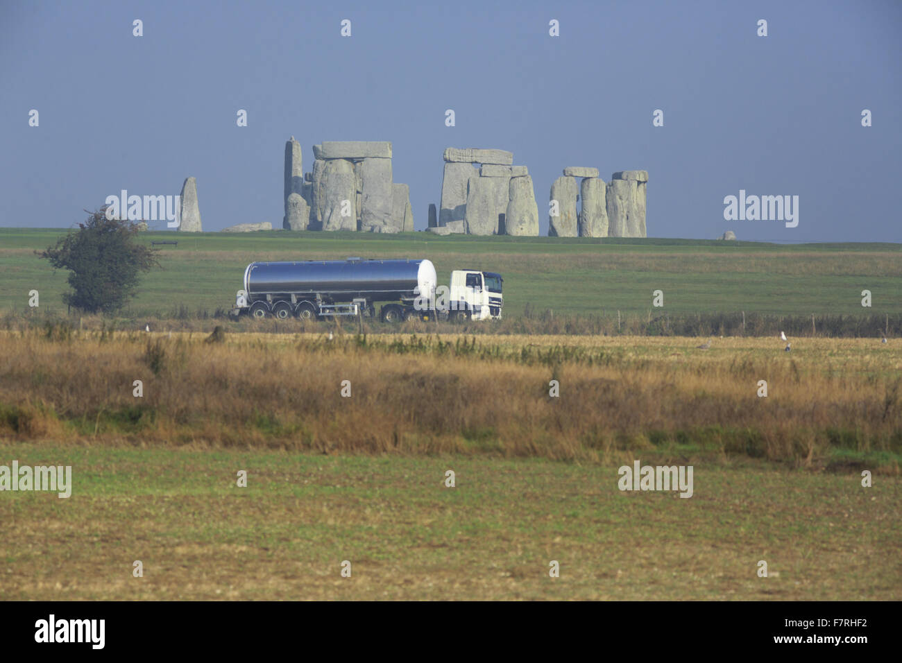 A lorry on the A303 near the Stonehenge Landscape, Wiltshire. The landscape is studded with ancient monuments. Stock Photo