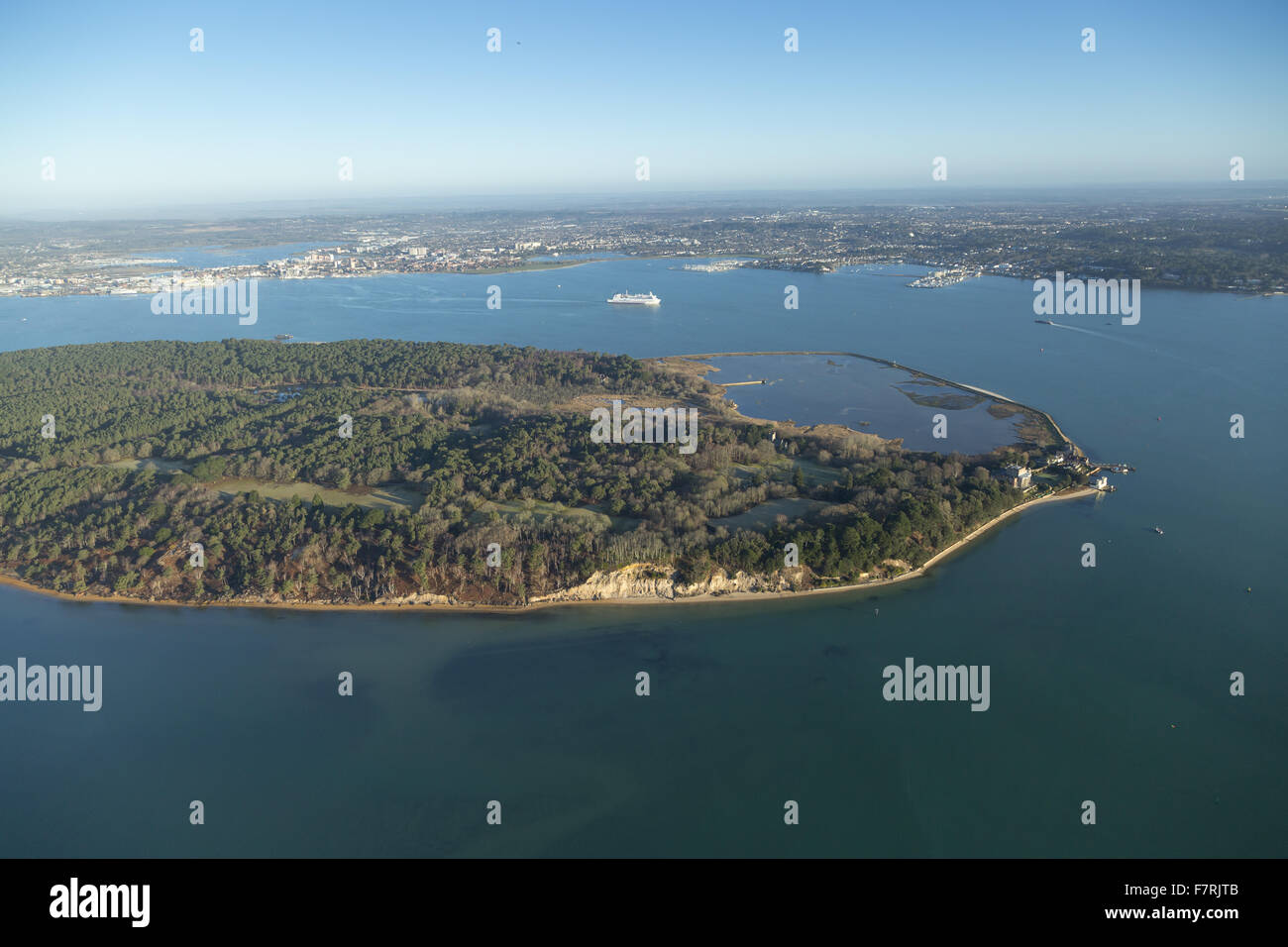 An aerial view of Brownsea Island, Dorset. Brownsea Island sits in the