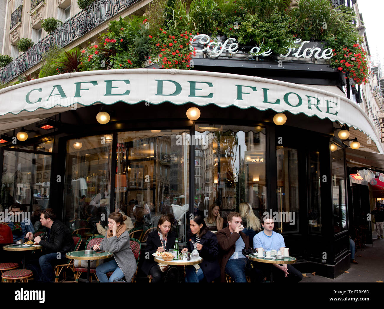 Outdoor tables at Cafe de Flor on the Boulevard St-Germain in Paris, France Stock Photo