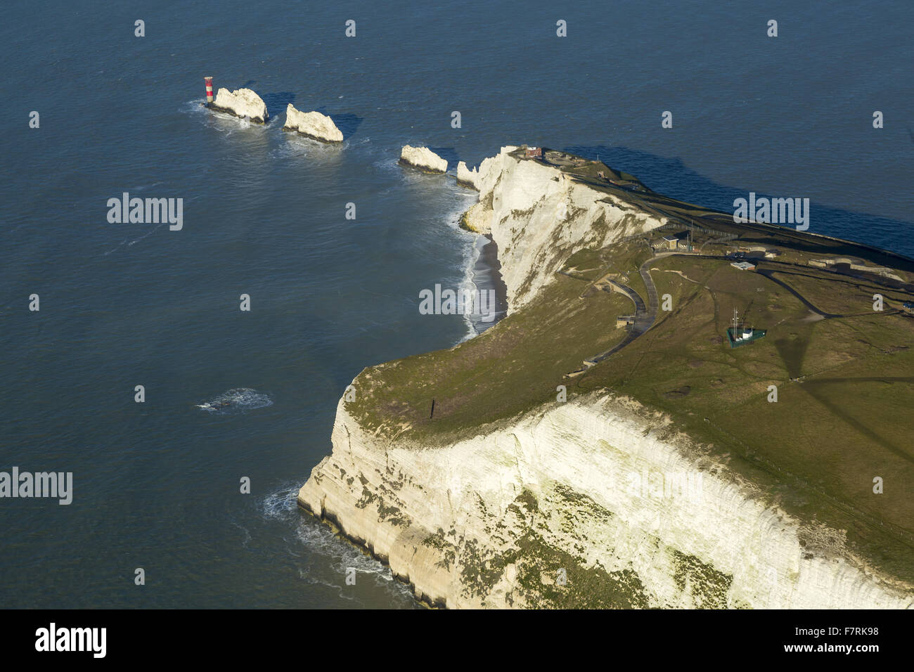 An aerial view of The Needles Old Battery and New Battery and Tennyson Down, Isle of Wight. Stock Photo