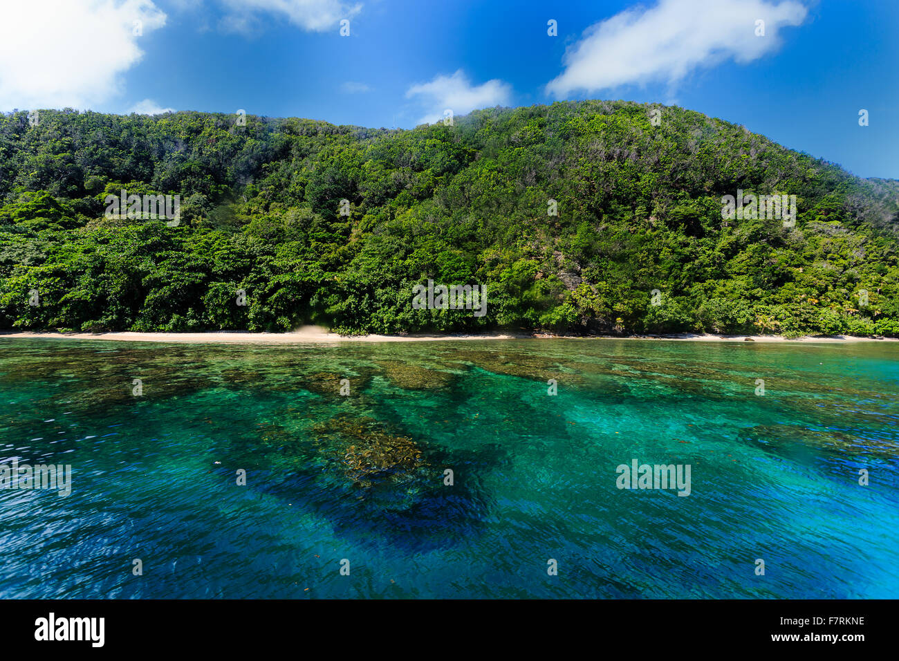 Coastal view of colorful underwater coral reef approaching island beach ...