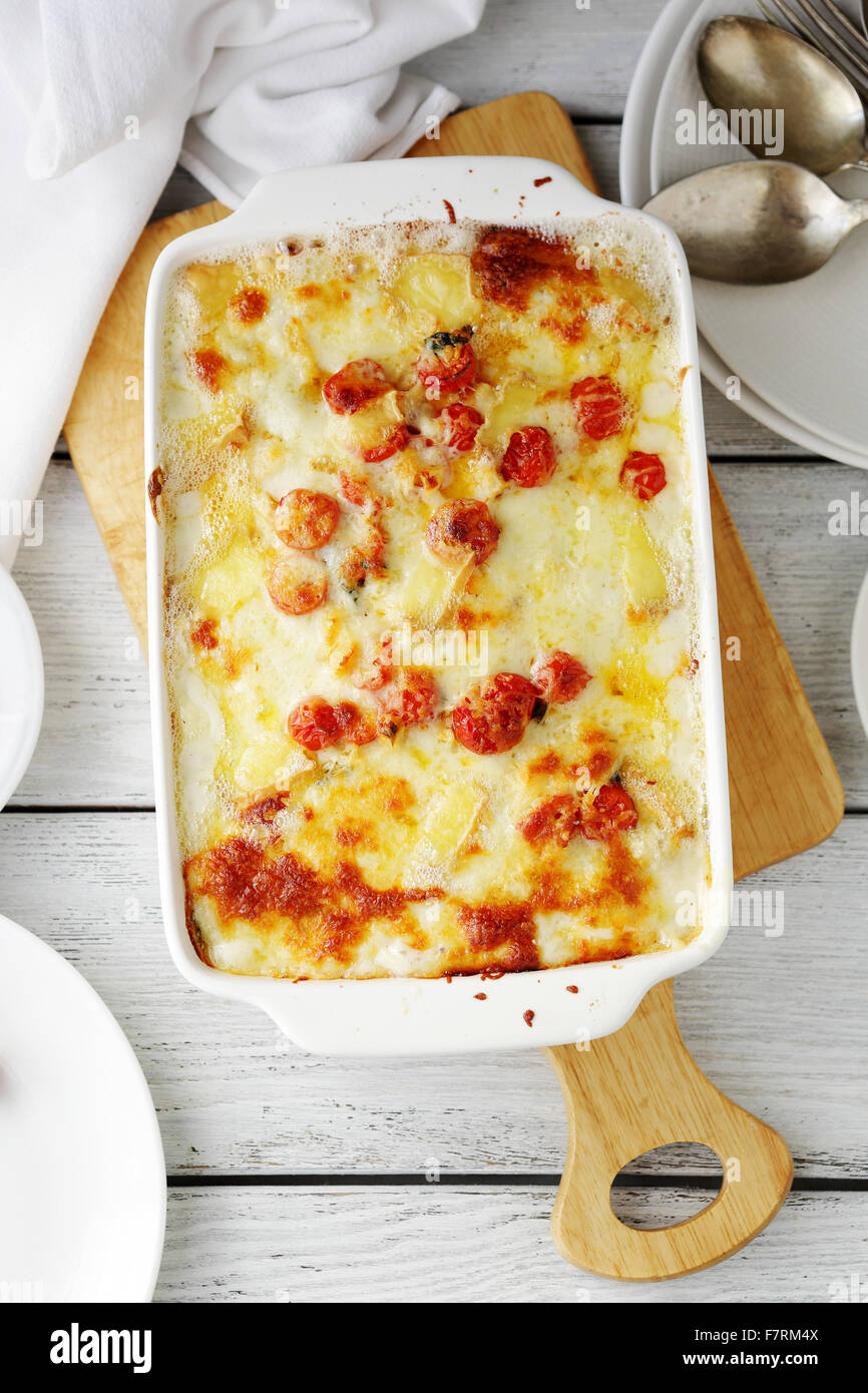 lasagna with cheese in baking dish, top view Stock Photo Alamy