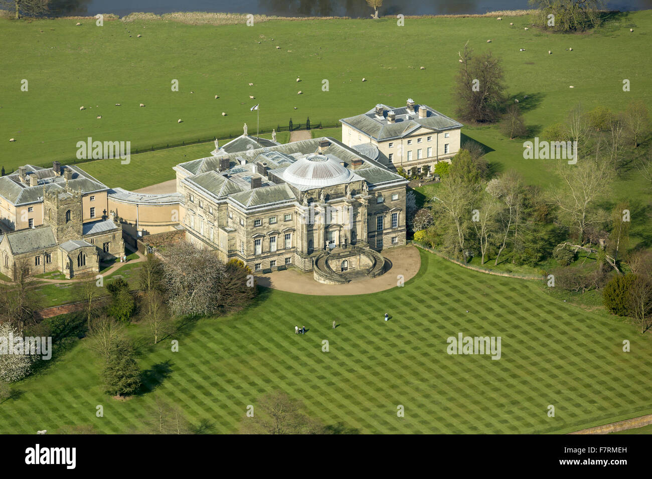 An aerial view of Kedleston Hall, Derbyshire. Kedleston is one of the grandest and most perfectly finished houses designed by architect Robert Adam. Stock Photo