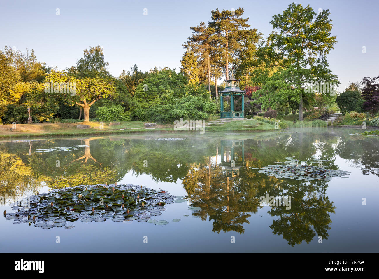 The Japanese pagoda in the Water Garden at Cliveden, Buckinghamshire. Nestled high above the River Thames with panoramic views over the Berkshire countryside, these gardens capture the grandeur of a bygone age. Stock Photo