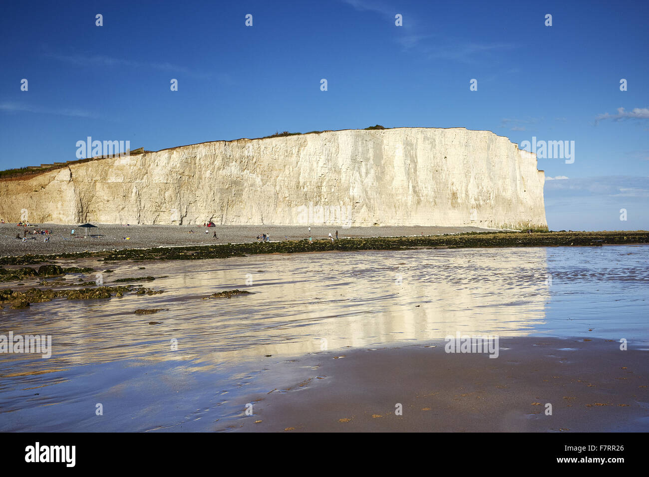 Birling Gap and the Seven Sisters, East Sussex. Stretching between Birling Gap and Cuckmere Haven are the world-famous Seven Sisters chalk cliffs. Stock Photo