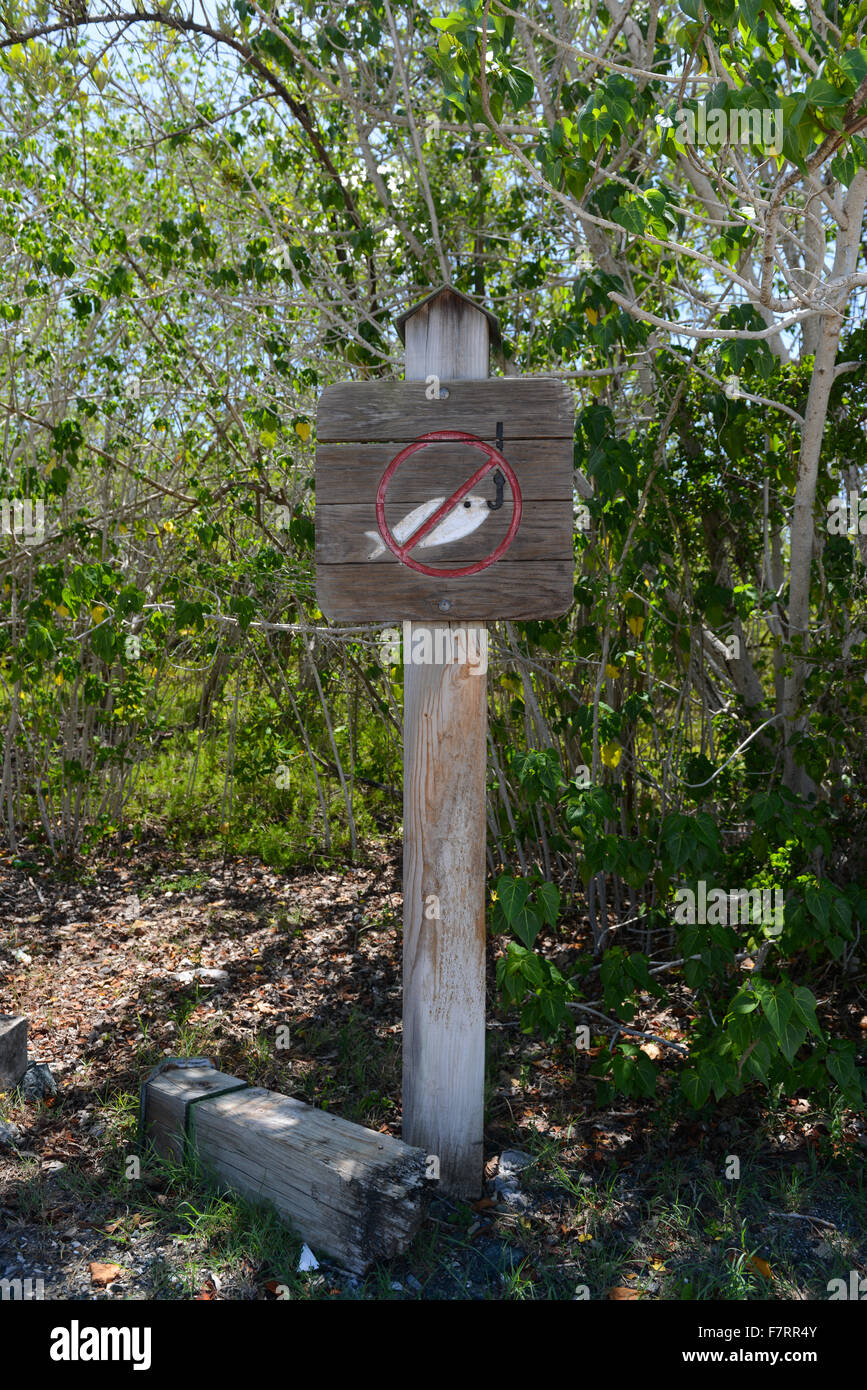No fishing wood sign at Boqueron. Cabo Rojo, Puerto Rico. Caribbean Island. USA territory. Stock Photo