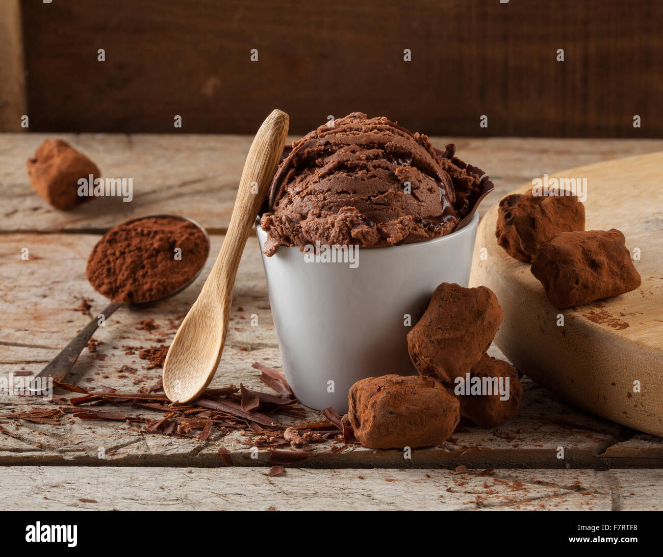 Homemade chocolate ice cream, cocoa and chocolate truffles Stock Photo