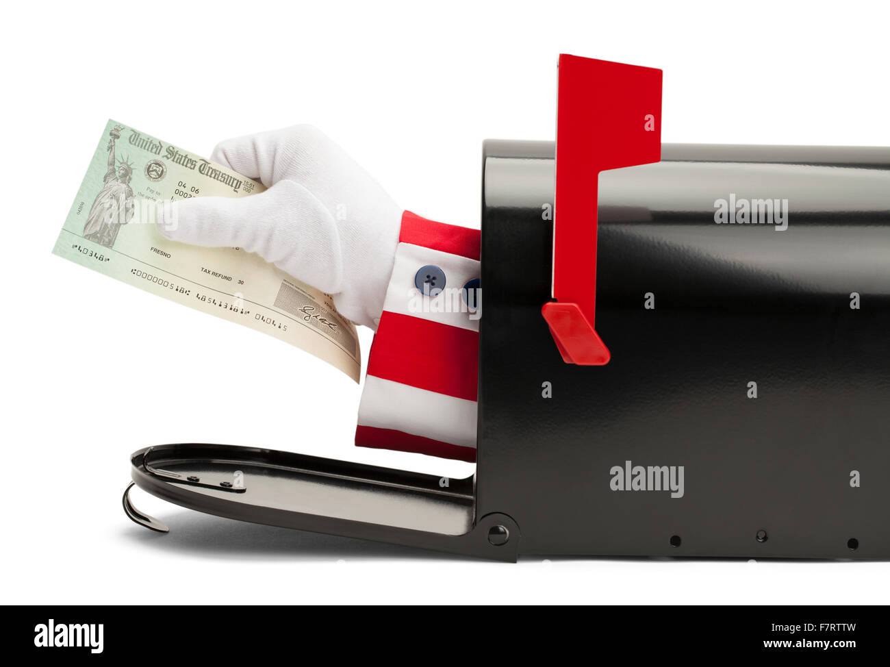 Mailbox with Uncle Sam Handing Over Tax Return Check Isolated on White